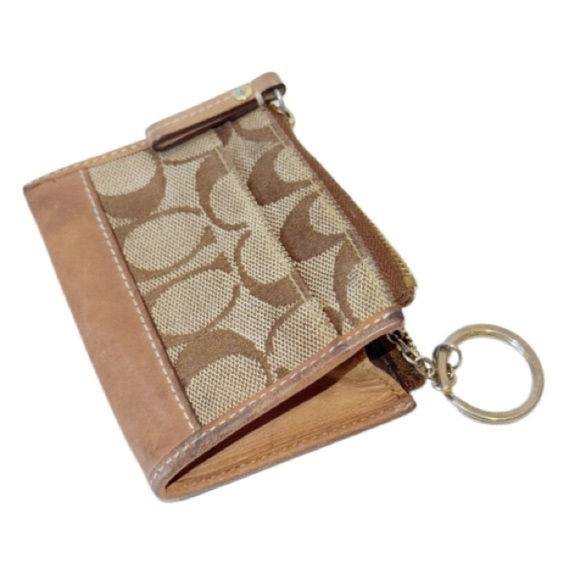 COACH Leatherware Tan Signature Jacquard Leather Small Coin Keychain Card Wallet - Picture 1 of 6